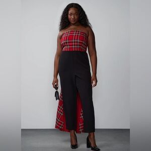 New York & Company Tartan Bow Waist Train Jumpsuit- Size 1X
